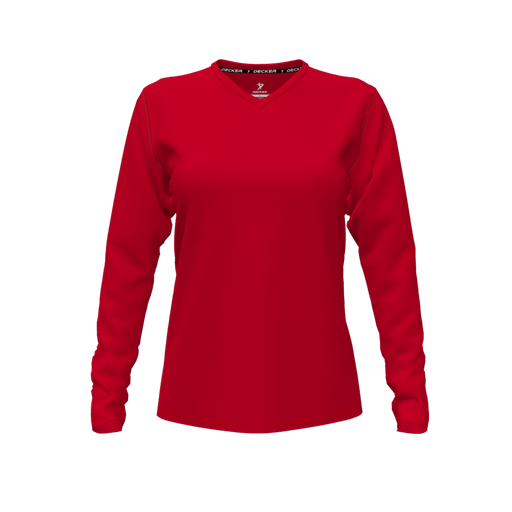 [CUS-DFW-TEES-PER-VNK-LSL-RED-FYXS-LOGO1] Decker Performance T-Shirt (Female Youth XS, Red, V Neck, Logo 1, Long Sleeve)